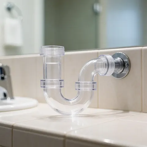 Clear pvc p-trap pipe with water seal installed under a bathroom vanity counter near a mirror and faucet for plumbing repair