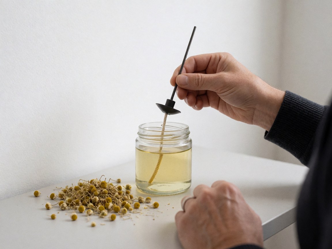 Close-up of a hand placing a wick into a jar of wax with dried chamomile flowers on a white table