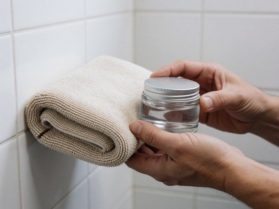 Hands holding a ceramic pitcher and microfiber towel on white tiled surface for automotive cleaning product display