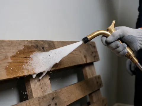 A gloved hand sprays a wooden pallet in a warehouse with gray walls.