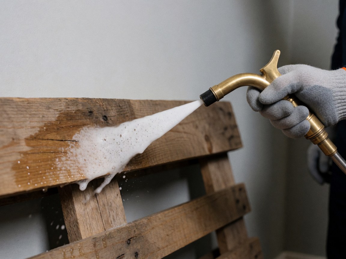 A gloved hand sprays a wooden pallet in a warehouse with gray walls.