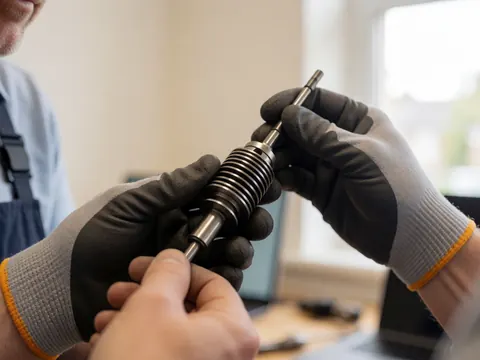 Close-up of gloved hands adjusting a metal lock core in a well-lit workshop with natural light