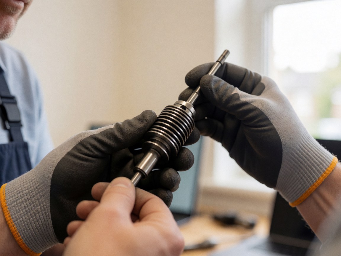 Close-up of gloved hands adjusting a metal lock core in a well-lit workshop with natural light