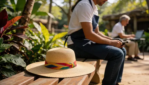 Straw hat with colorful ribbon resting on a wooden bench in a tropical garden setting