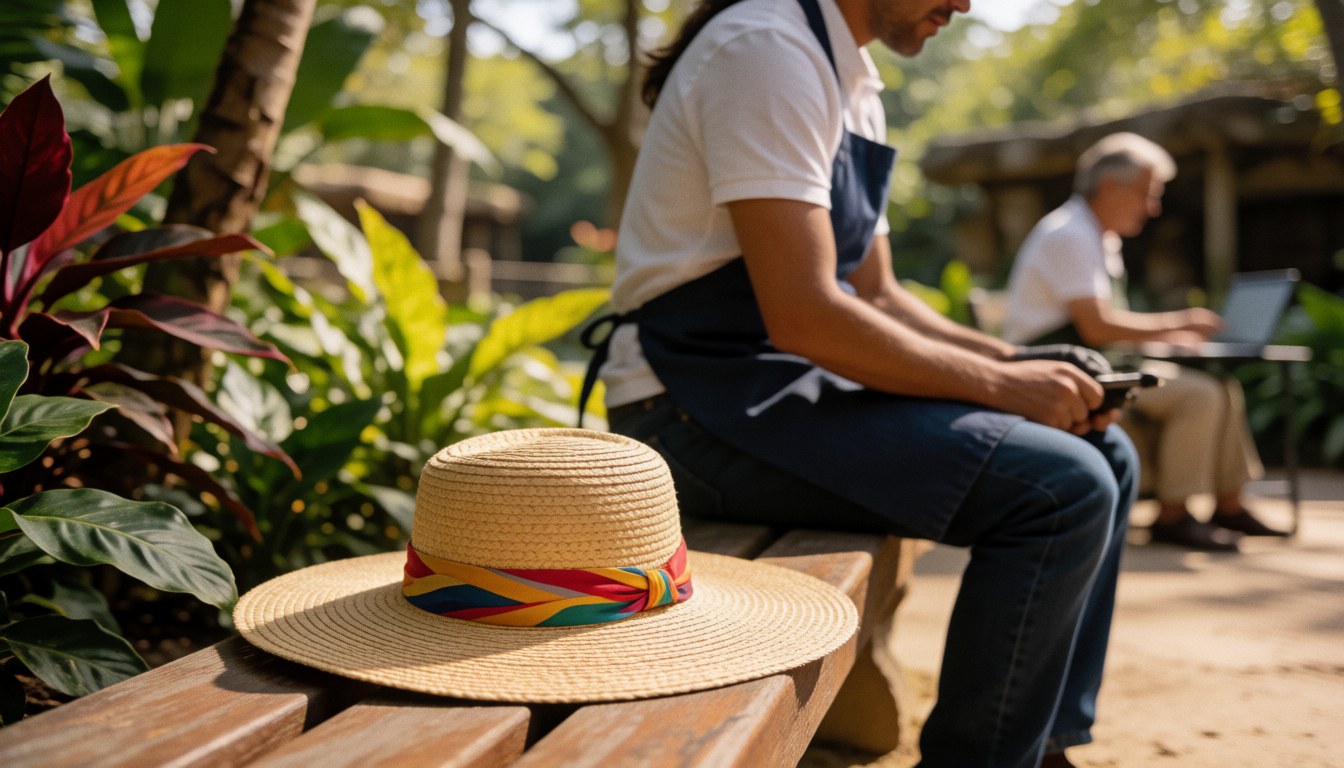 Straw hat with colorful ribbon resting on a wooden bench in a tropical garden setting