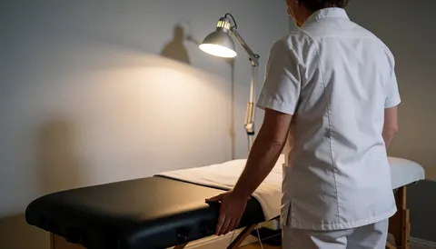 Therapist adjusting a massage table in a clean modern room with task lighting.