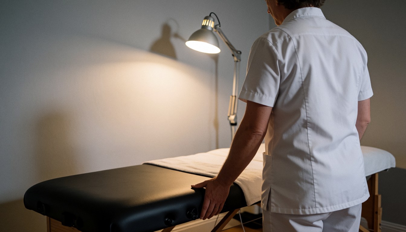 Therapist adjusting a massage table in a clean modern room with task lighting.