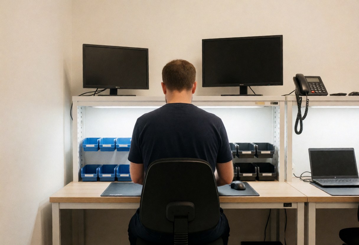 Printer repair technician working at a desk with two monitors, toolboxes, and a laptop.