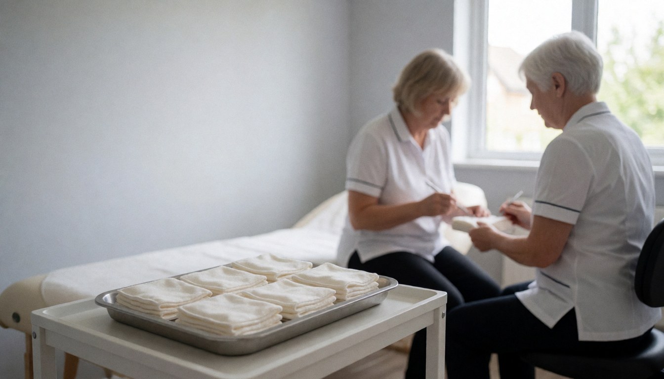 Sterile compresses arranged on a metal tray in a treatment room with a bed and natural light