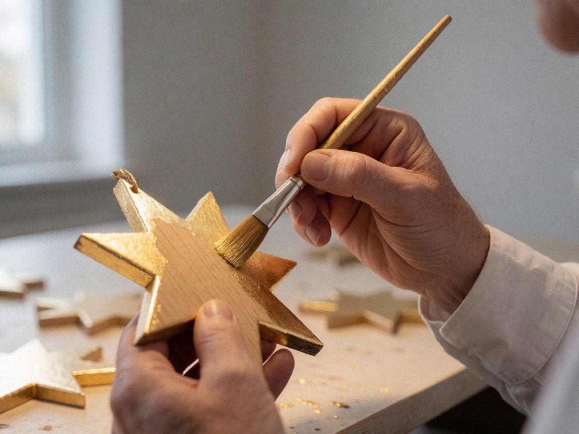 Close-up of a hand applying gold paint to a wooden star using a fine brush on a work surface with warm lighting