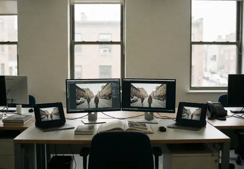 Editing studio with two monitors, laptops, and open books showing street photos, ideal for documentary photographers.