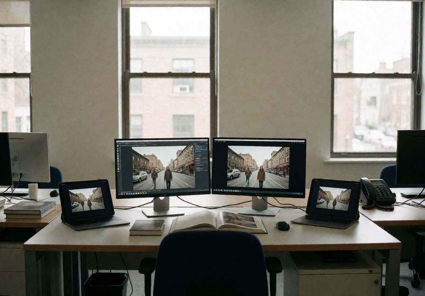 Editing studio with two monitors, laptops, and open books showing street photos, ideal for documentary photographers.