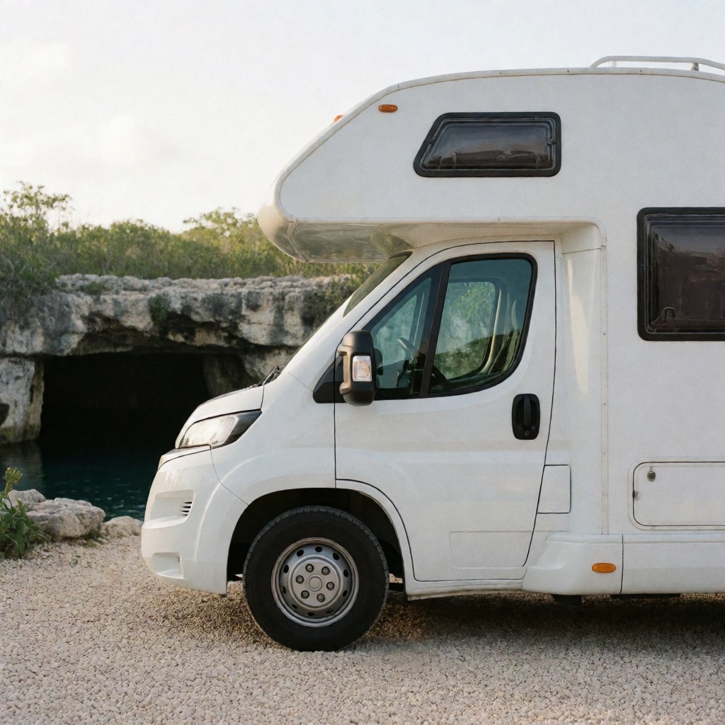 White pickup truck parked on gravel near a cenote with rock formations under sunset light, suitable for camping.