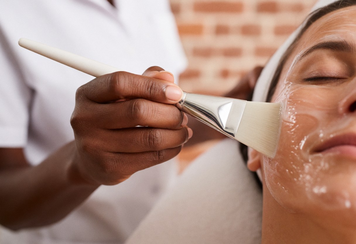 Professional applying facial hydration mask with brush to client resting in spa with whitewashed brick wall