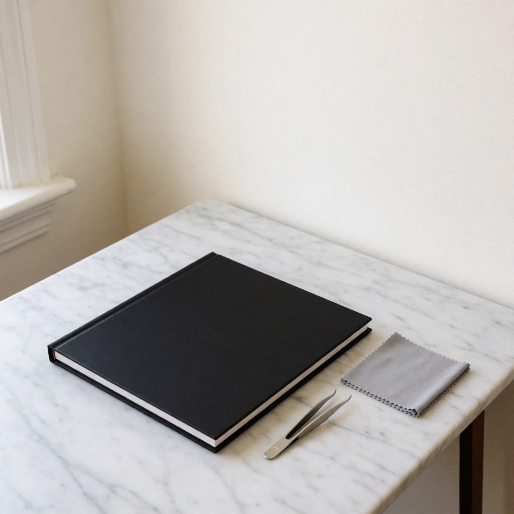 Black wedding album placed on a white marble table alongside tweezers and a microfiber cloth for post-production use