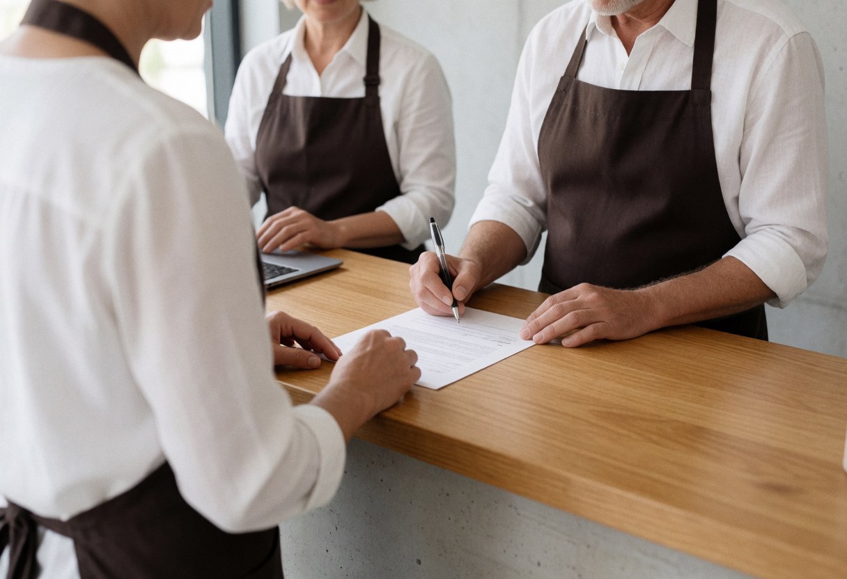 A customer signing a contract at a pottery workshop with wooden tables and aprons.