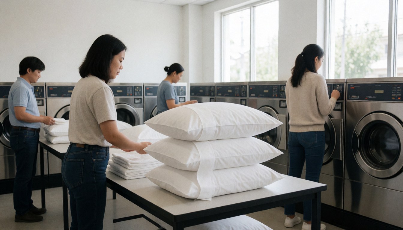 White pillows stacked in a laundromat with industrial washing machines visible in the background.