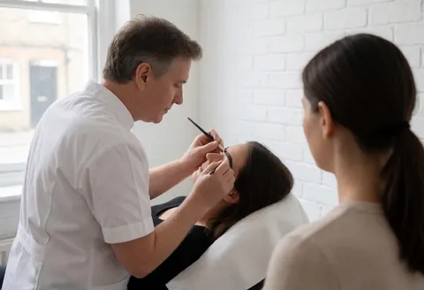 A technician applies microblading to a client lying on a treatment table against a white brick wall with natural light
