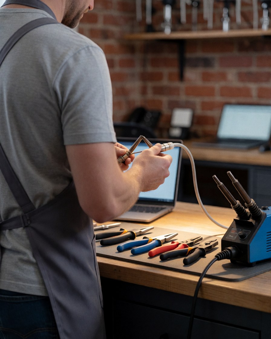 Technician soldering a coaxial cable in a workshop with brick wall, soldering tools, and antenna equipment visible