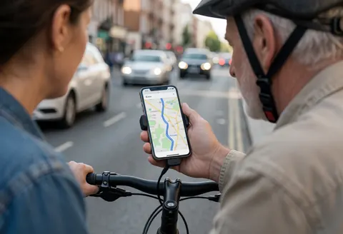 Cyclist using smartphone map for last-mile delivery logistics in urban traffic