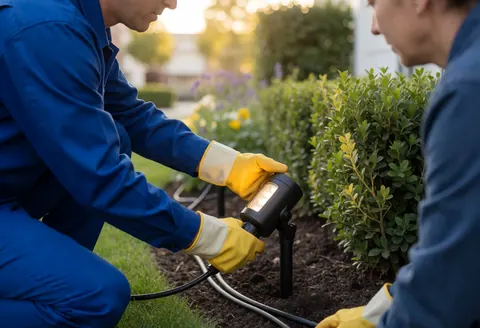Electrician installing a low voltage spotlight in a garden with green shrubs, adjusting the angle while another observes.