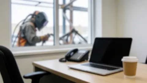 Office desk with laptop, coffee, and phone next to a welder in a helmet working on metal structures by a window