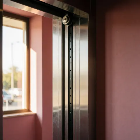 Close-up of an elevator door mechanism featuring metal guides and rollers against pink walls with natural light entering through a window.