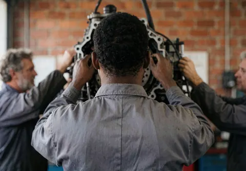 Three mechanics collaborate in a workshop, handling a car engine suspended from a hook, with brick walls and tools visible.