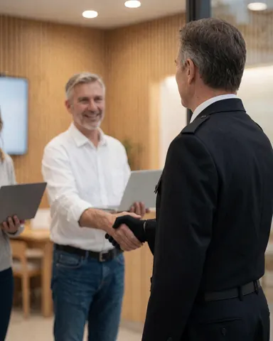 Security guard in uniform shaking hands with a smiling client in an office with light wood walls
