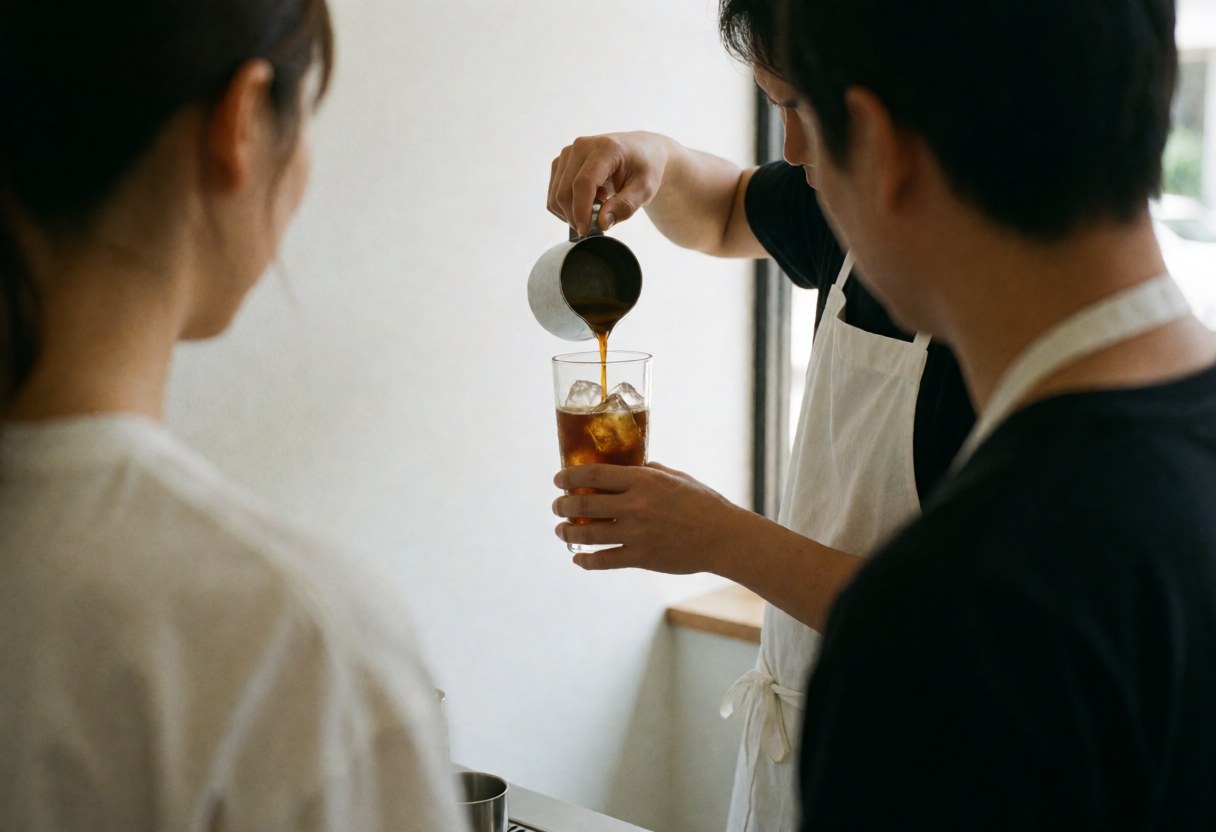 A barista pours dark coffee over ice in a clear glass, illuminated by natural light in a cafe setting.