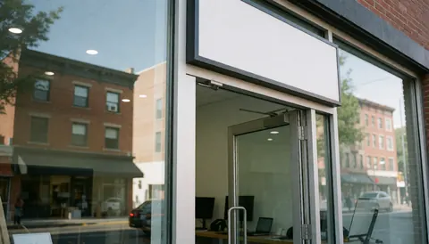 Modern storefront facade featuring a glass entrance door and visible interior workspace with computers, offering copy space for tire repair business marketing.