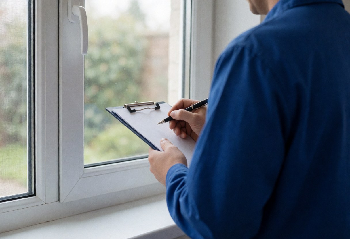 A technician in a blue uniform checks a white PVC window while holding a notebook and pen, with a blurred garden background.