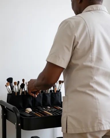 Professional makeup artist organizing brushes on a black cart in front of a white wall, clean uniform, preparation scene for service