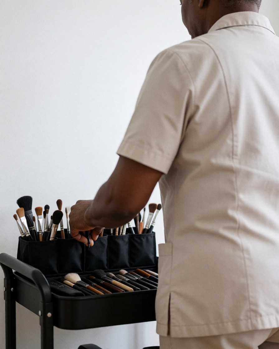 Professional makeup artist organizing brushes on a black cart in front of a white wall, clean uniform, preparation scene for service