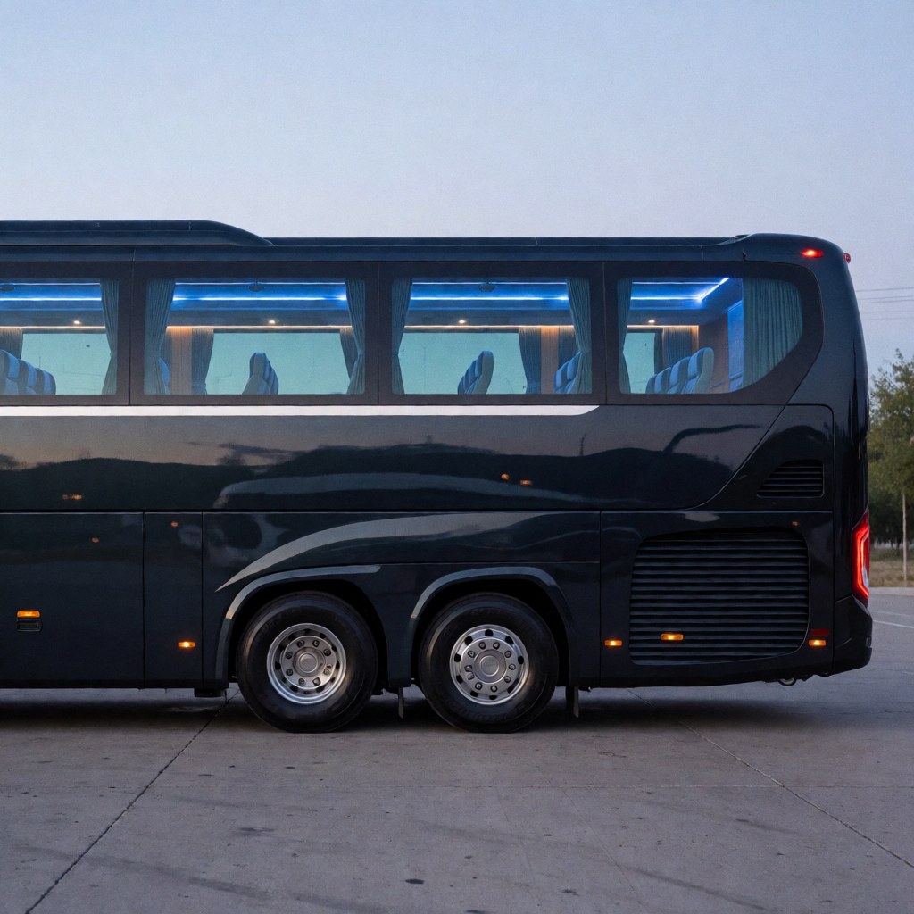A black public transport bus parked on pavement, featuring blue interior lighting and curtains visible through the windows.