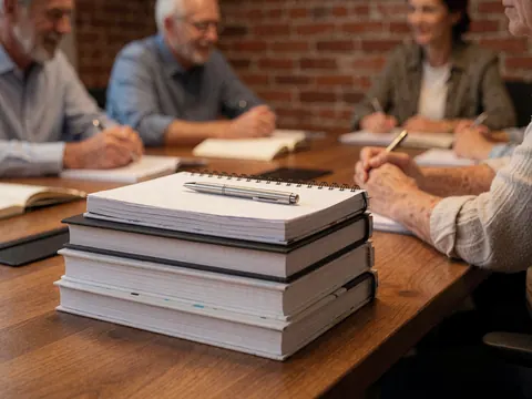 Notebooks and pens arranged on a wooden table during a team meeting with a brick wall background