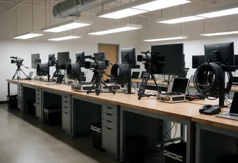 Professional video cameras mounted on tripods in a tidy workspace with monitors and coiled cables, ideal for videographers.