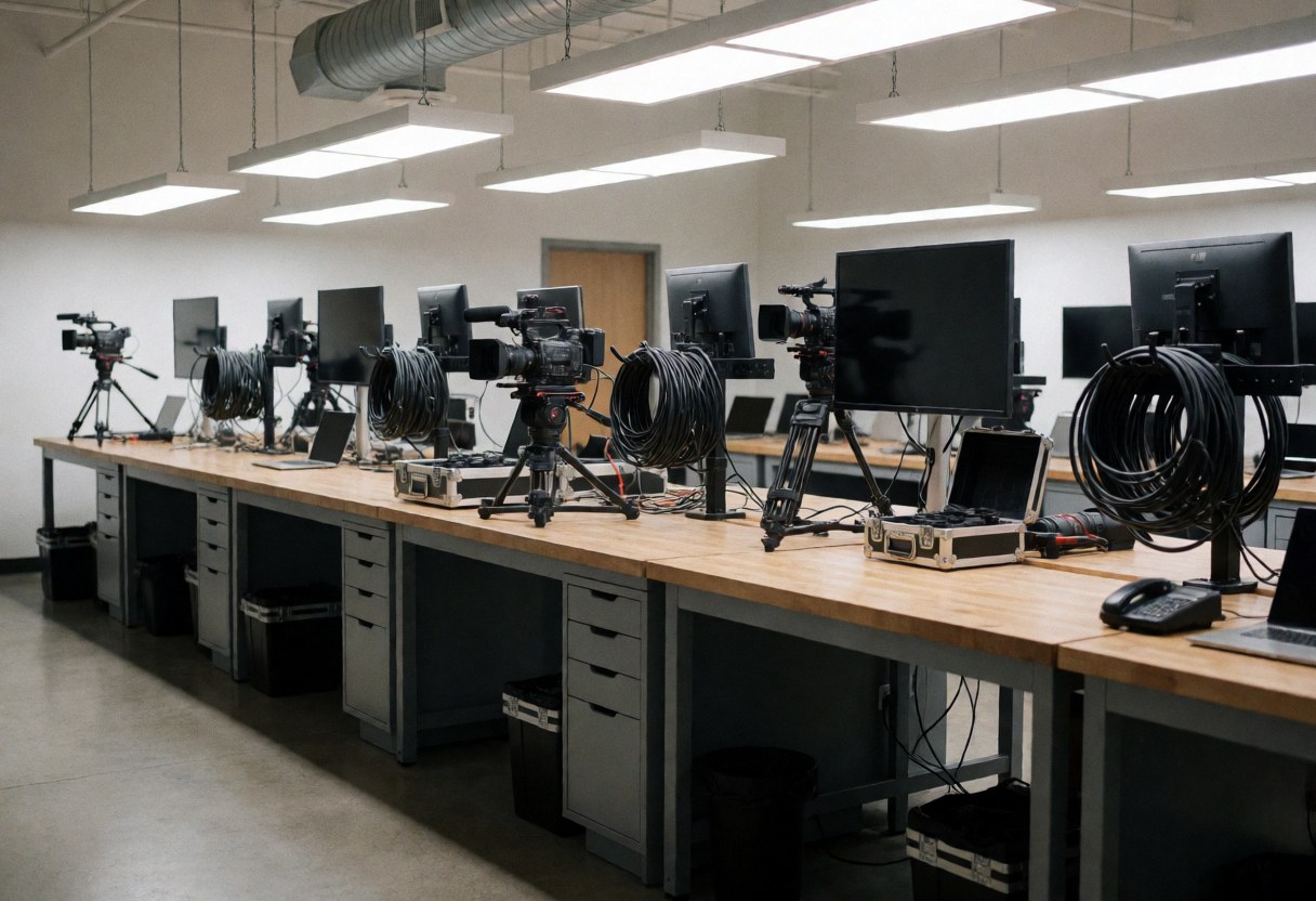Professional video cameras mounted on tripods in a tidy workspace with monitors and coiled cables, ideal for videographers.
