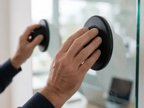Close-up of hands using suction cups to hold glass panes during window repair work inside a building with natural light.