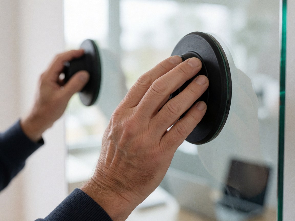 Close-up of hands using suction cups to hold glass panes during window repair work inside a building with natural light.