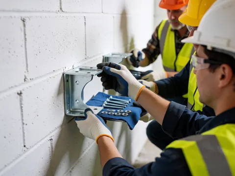 Workers wearing safety gear install metal supports on a concrete block wall using tools.