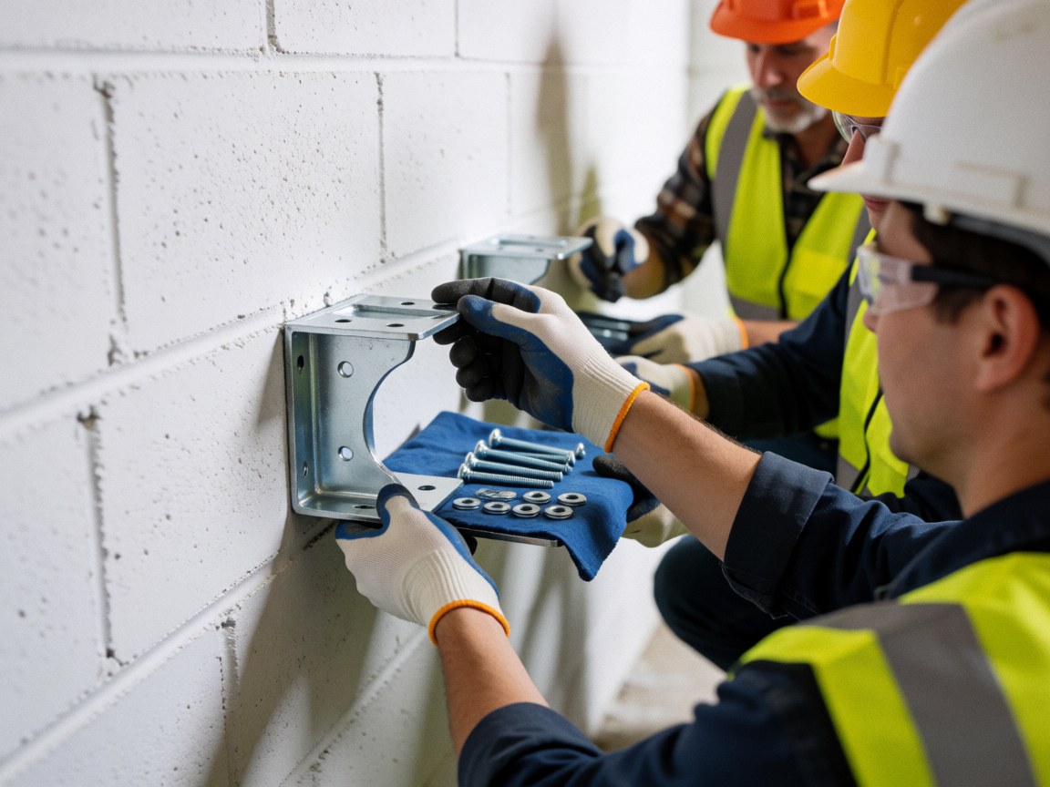 Workers wearing safety gear install metal supports on a concrete block wall using tools.