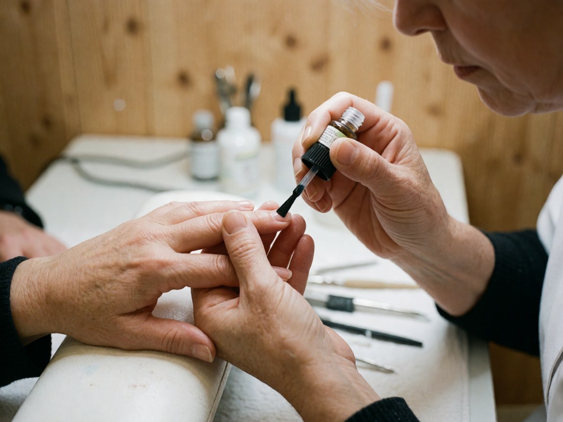 A manicurist applies polish to a client's nail with tools visible on the work table in a salon setting.