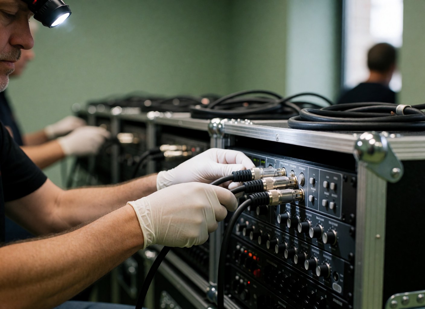 Close-up of gloved hands plugging an XLR cable into a professional audio mixer at an entertainment center.