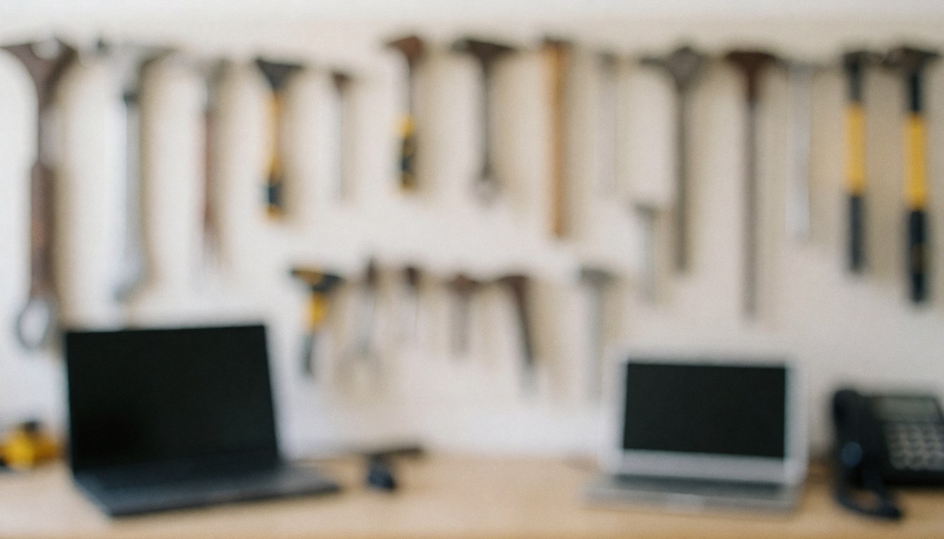 Workshop background with tools hanging on a white wall, work tables, and laptops, ideal for motorcycle repair services.