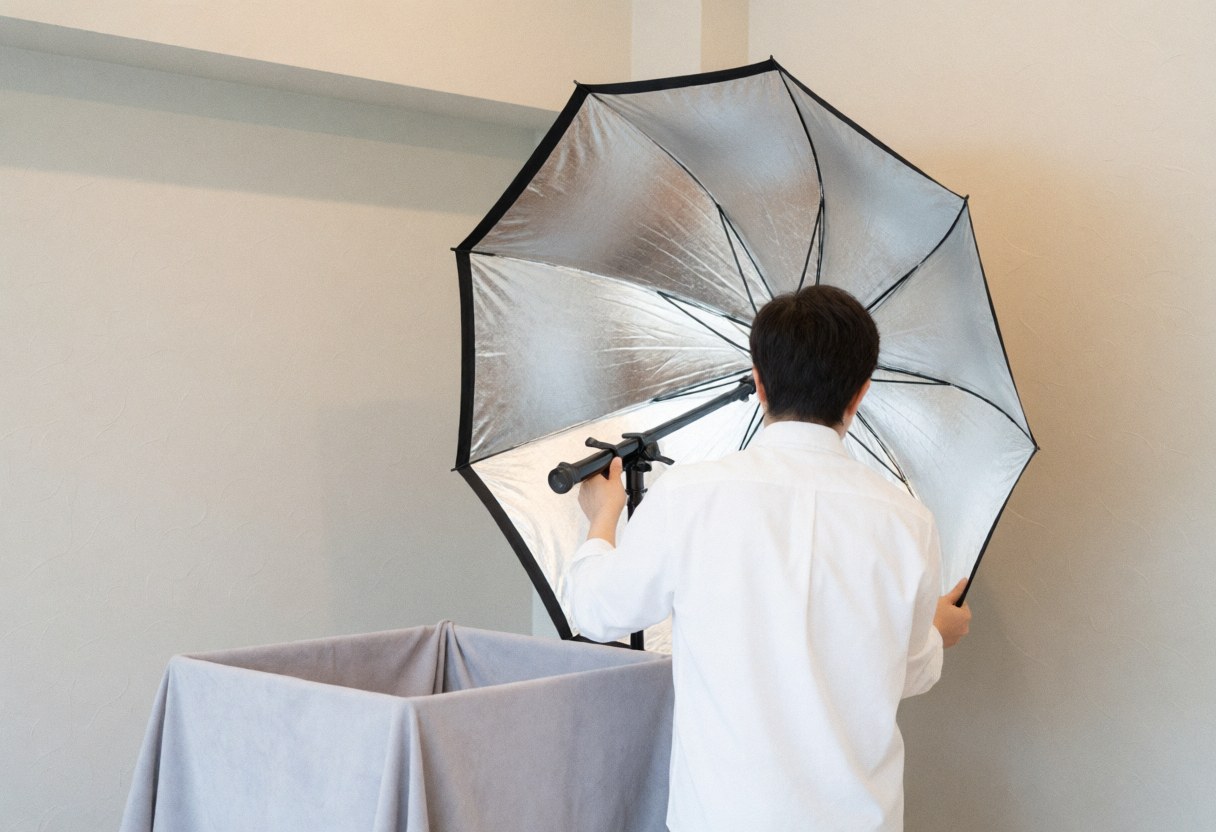 Portrait photographer adjusting an umbrella reflector next to a softbox with gray fabric in a studio with neutral walls and soft lighting.