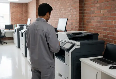 A worker in a gray uniform operates a digital printing machine in a clean workspace with red brick walls and a shiny floor.