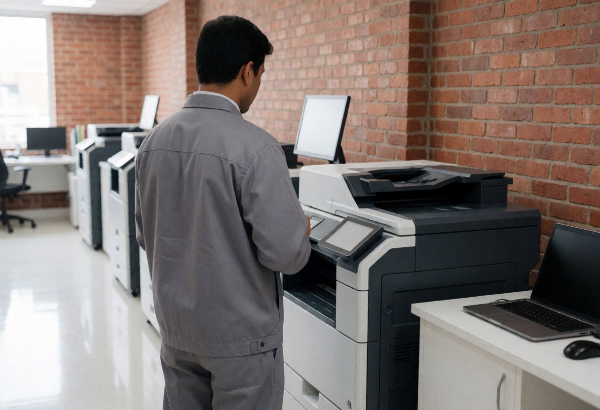 A worker in a gray uniform operates a digital printing machine in a clean workspace with red brick walls and a shiny floor.