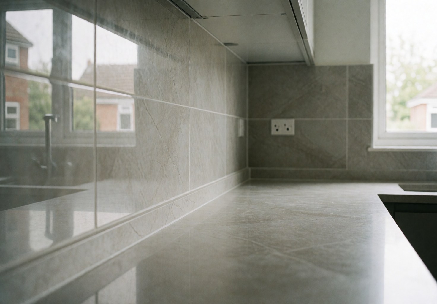 Modern kitchen featuring a polished tile wall and ceramic countertop with natural light from a window, ideal for tiling projects.