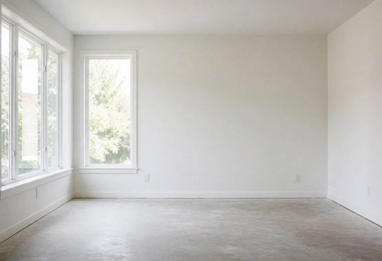 Empty interior space with concrete flooring and white walls, featuring large windows that let in natural light, suitable for cork flooring installation.